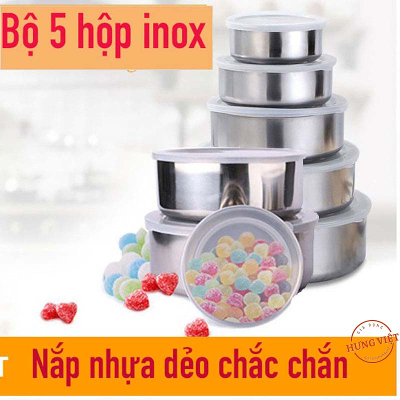 Bộ 5 Hộp Inox Đựng Thực Phẩm Có Nắp Đậy, Bảo Quản Đồ Tươi Sống, Đồ Khô Các Loại, An Toàn Cho Sức Khỏe [BỘ 5 HỘP]