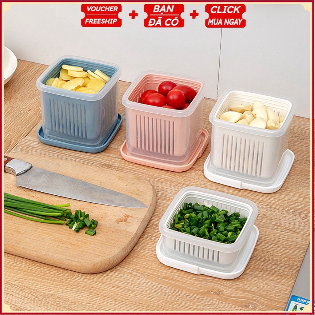 PVN39153 Set 2 hộp đựng bảo quản hành lá gừng tỏi ớt để tủ lạnh bằng nhựa 2 lớp T2 .