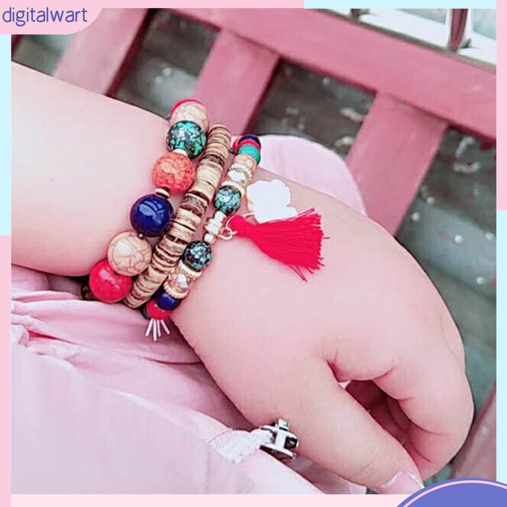 Set 3 Vòng Tay Chuỗi Hạt Nhựa Nhiều Lớp Phong Cách Bohemia Cho Nữ