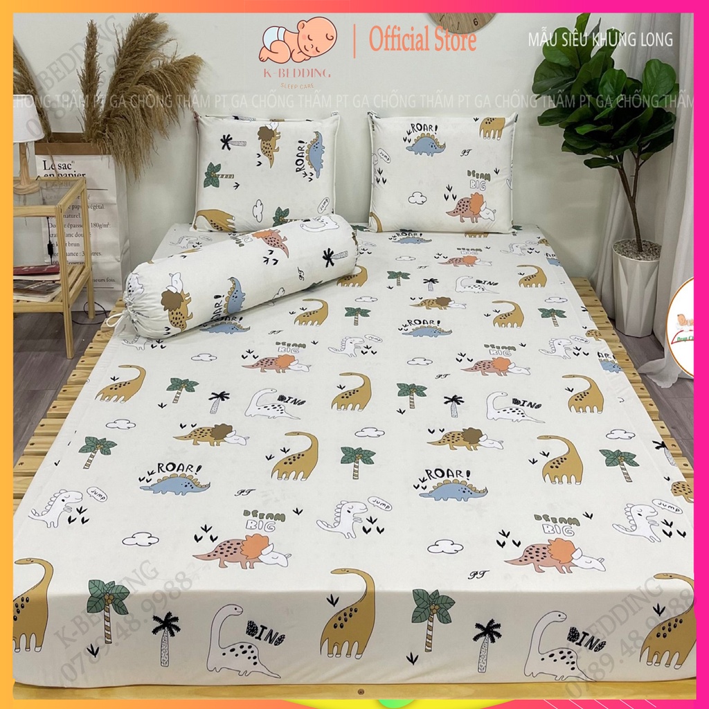 Bộ ga chống thấm cotton cho bé, drap chống thấm nước cao cấp kèm vỏ gối đầu và vỏ gối ôm mềm mịn mát (mẫu khủng long)