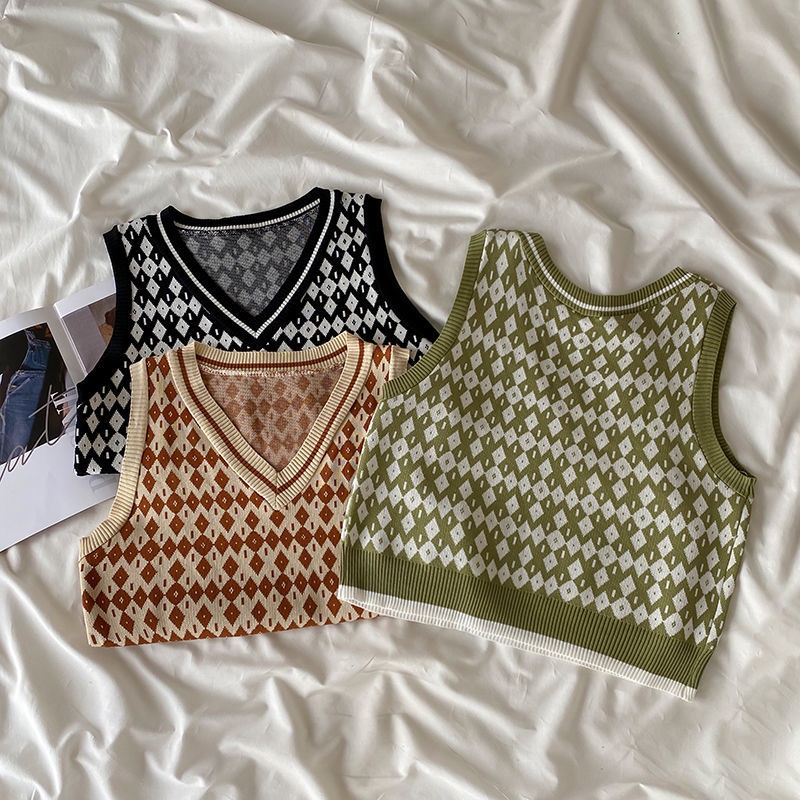 Áo dệt kim không tay đính đá họa tiết sọc caro phong cách Hàn Quốc thời trang xuân thu dễ phối đồ