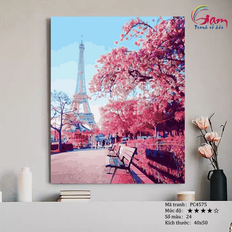 Tranh số hoá phong cảnh Paris Eiffel mới lọ màu to 5ml + 2 bộ cọ + khung 2.5cm PC4575