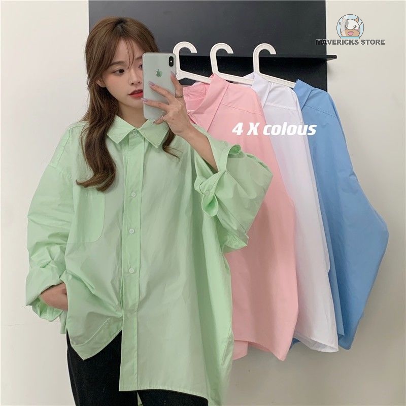 Áo khoác sơ mi dáng rộng màu trơn phong cách Hàn Quốc trẻ trung dành cho nữ