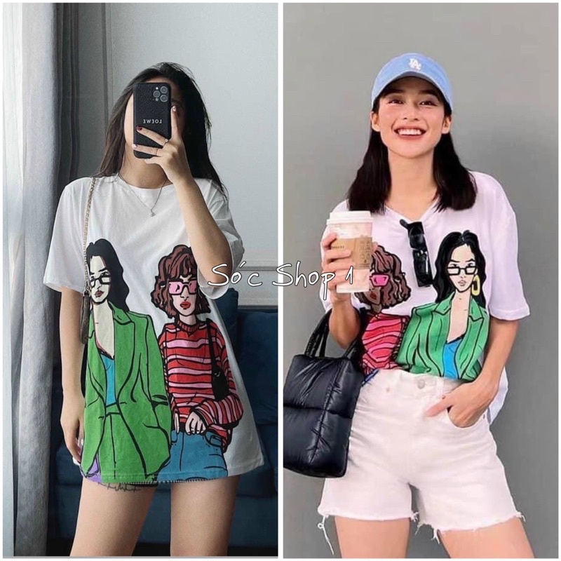 Áo Thun 2 Cô Gái Form Rộng Tay Lỡ, Áo Nỉ Cổ Tròn Nữ