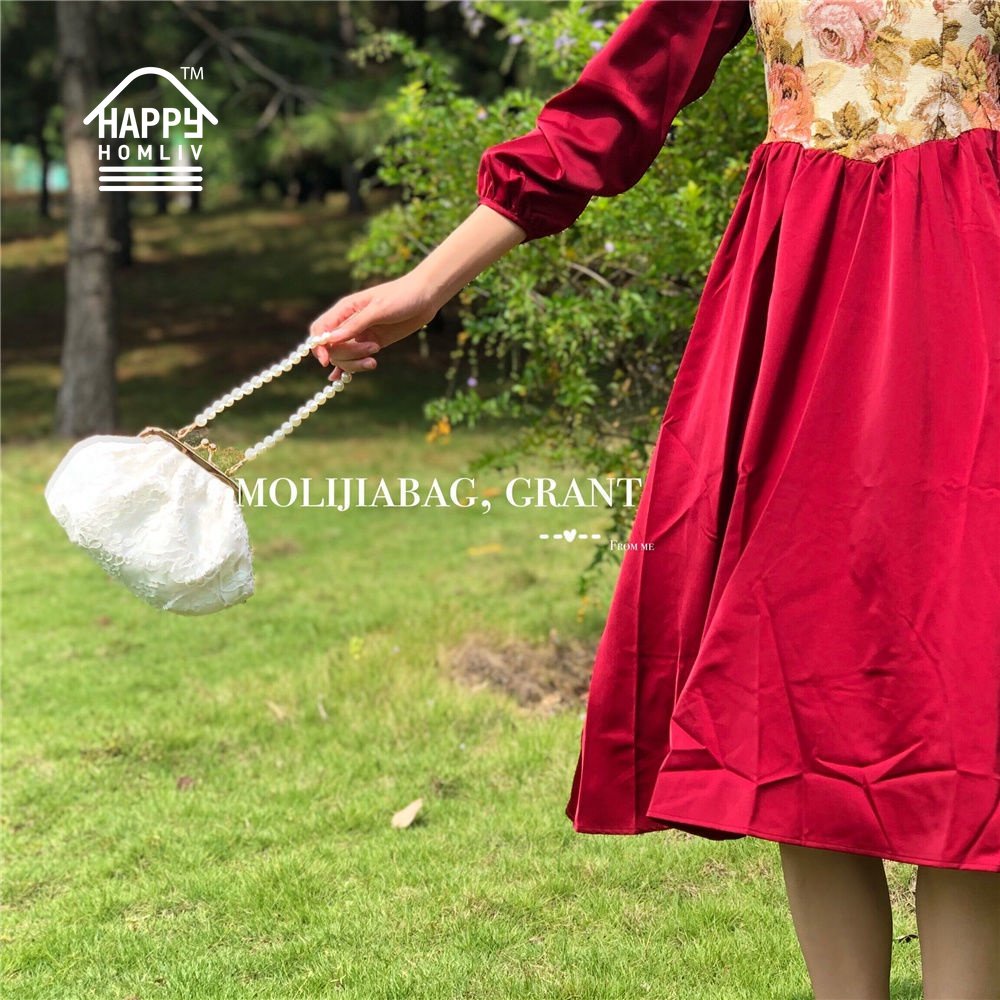 Túi xách đeo chéo HAPPY HOMLIV handmade màu trắng đính ngọc trai thời trang mùa hè cho nữ đi tiệc