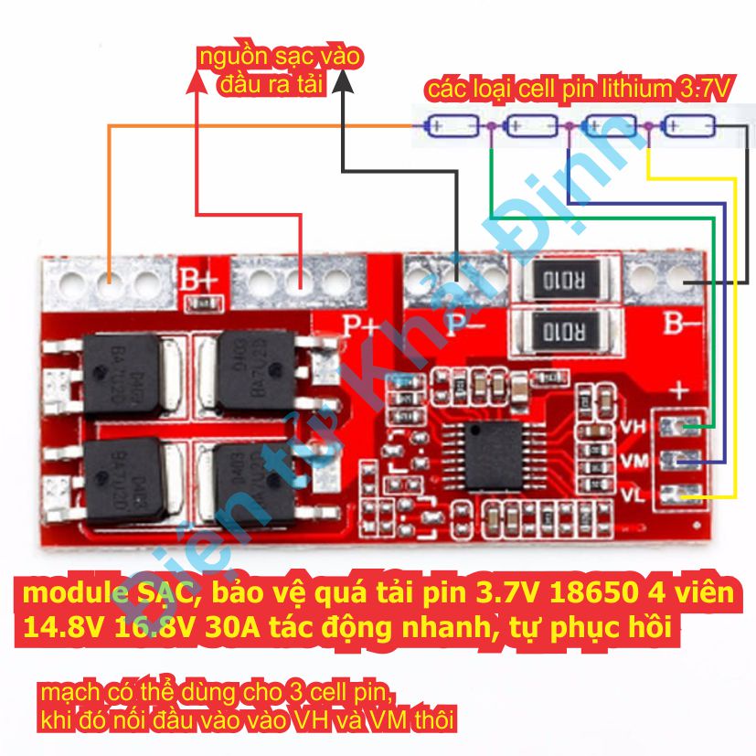 module SẠC, bảo vệ quá tải pin 3.7V 18650 4 viên 14.8V 16.8V 30A tác động nhanh, tự phục hồi kde8148