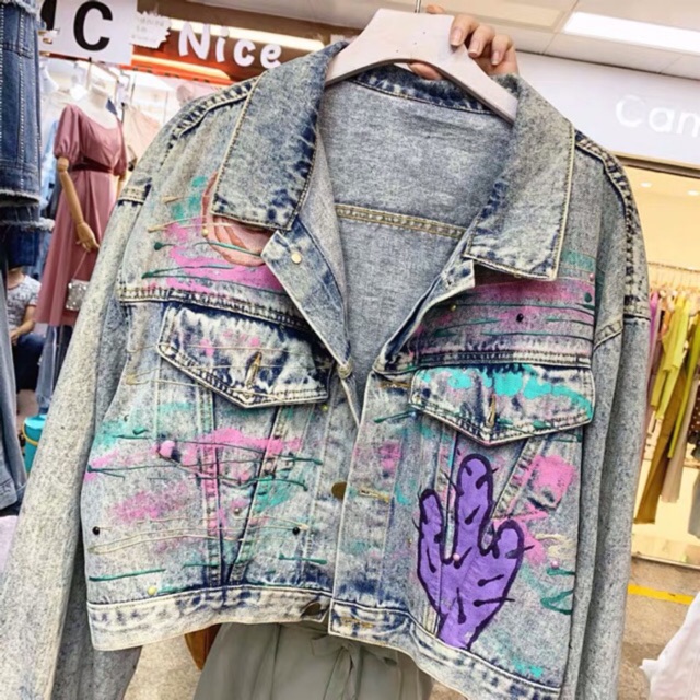 Áo khoác bò jeans croptop vảy sơn màu sương rồng cá tính Ulzzang siêu chất ❤️