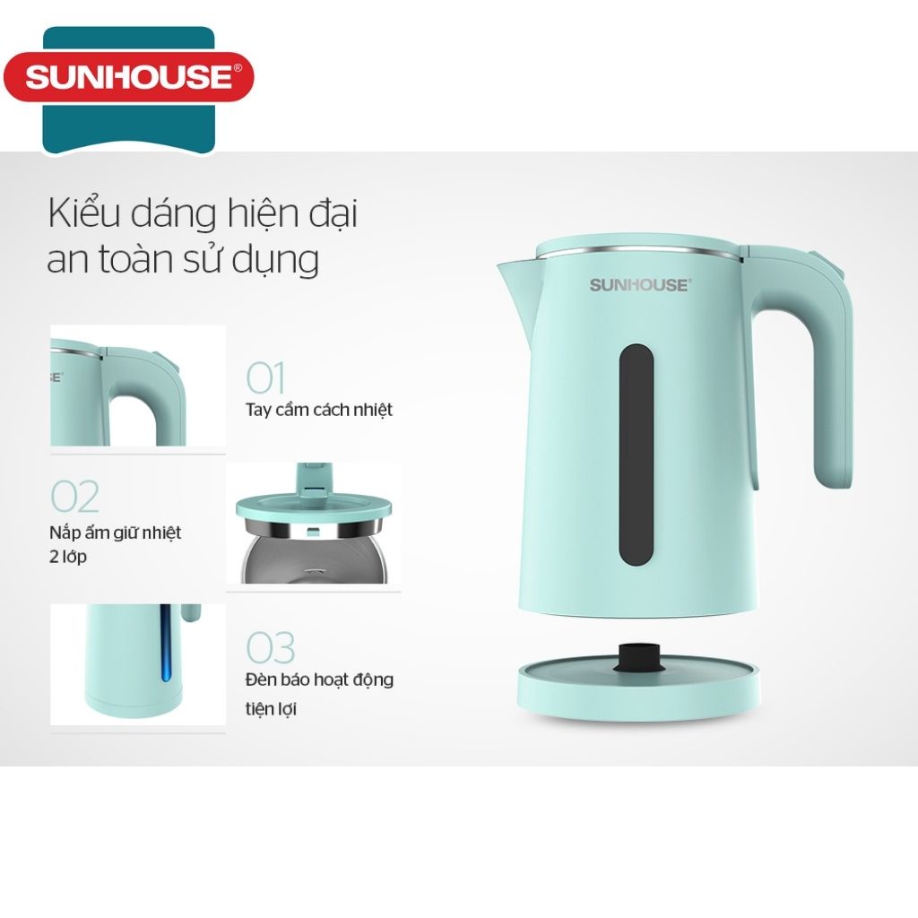 Ấm siêu tốc Sunhouse chính hãng SHD1351 - Bình điện đun nước siêu tốc 1.8l , 02 lớp inox , bảo hành 12 tháng