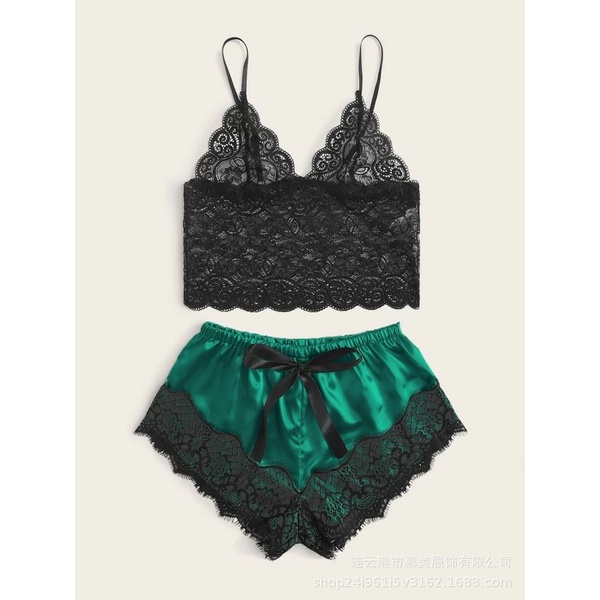 Bộ Đồ Ngủ Quần Lụa Áo Ren Gợi Cảm Quyến Rũ  [CWEAR.SEXY_ĐỒ NGỦ &amp; NỘI Y CAO CẤP]