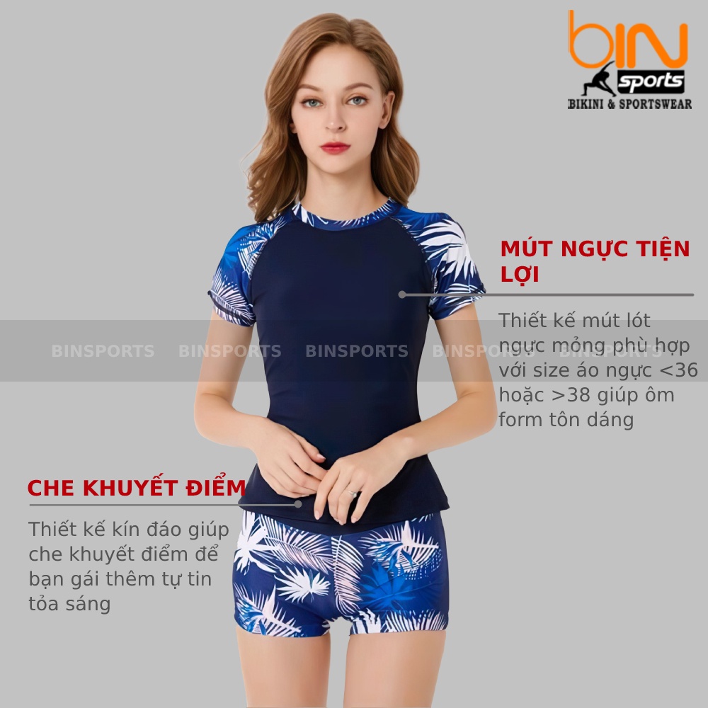 Bộ Bơi Nữ 2 Mảnh Quần Đùi Cạp Cao Aó Phủ Bụng Cọc Tay Bin Sports BHV092