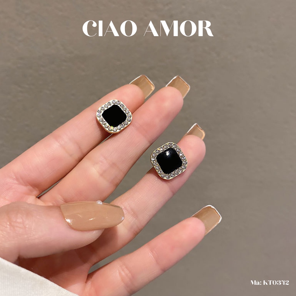 Khuyên tai nữ, Bông tai nữ nụ bạc 925 vuông bo vòng đen đính đá viền Trang sức Ciao Amor - KT0342