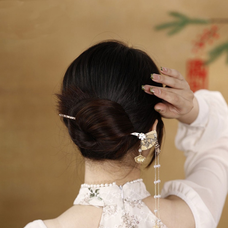 Trâm Cài Tóc Hình Quạt Đính Ngọc Trai Màu Sắc Vàng Đồng Phong Cách Cổ Điển Cho Nữ
