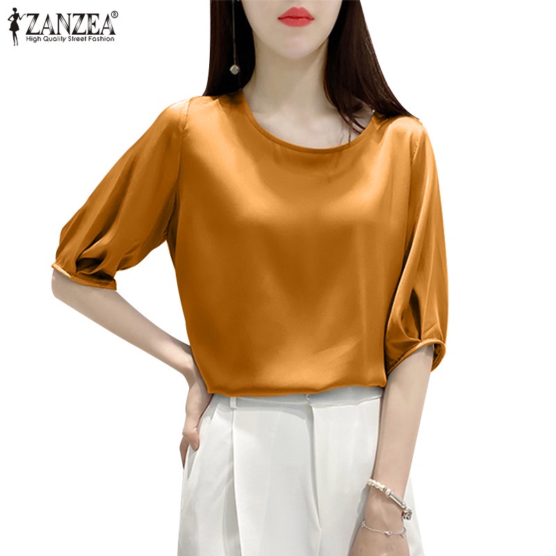 Zanzea Áo Sơ Mi Tay Lửng Cổ Tròn Màu Trơn Thời Trang Dành Cho Nữ