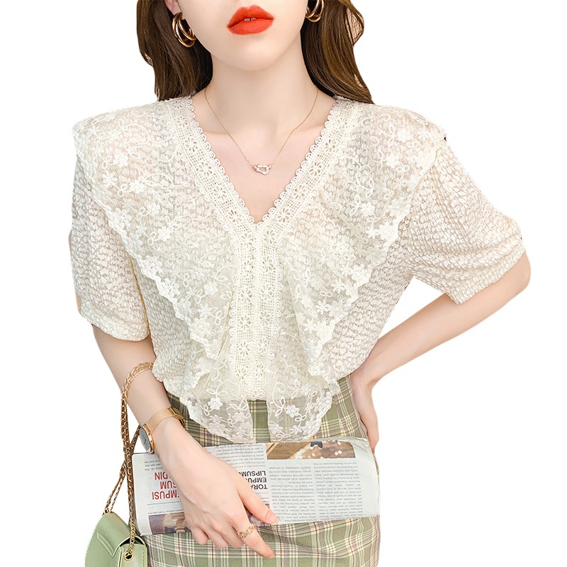 🌟Áo Kiểu Tay Ngắn Cổ Chữ v Phối Ren Mỏng 2021 Phong Cách | BigBuy360 - bigbuy360.vn