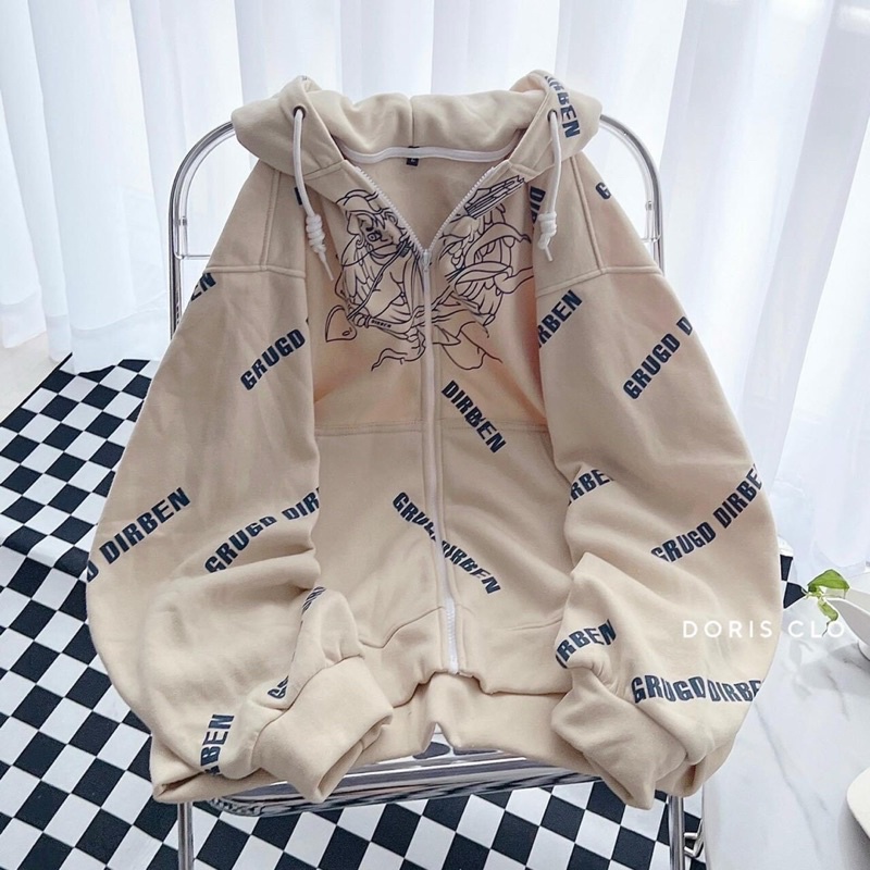 [sẵn] Áo Khoác Nỉ Mũ Zip Kéo Khoá Thiên Thần DIRBEN Tay Phồng From Rộng Unisex Ảnh Thật