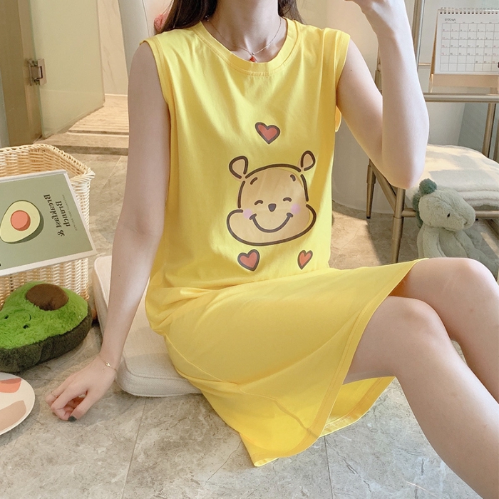 Đầm Ngủ Cotton Không Tay In Hình Gấu Pooh Đáng Yêu