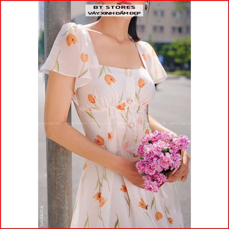 Đầm midi họa tiết hoa tulip vàng chất vải Voan - Yellow Tulips dress (BT118)