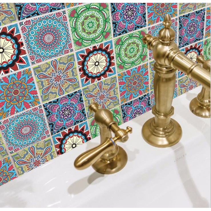 Decal gạch bông hoa văn đỏ xanh dạng rời (1 bộ 6 tấm 20cmx20cm)