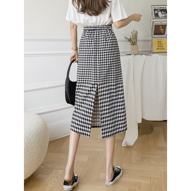 Chân váy kẻ caro Midi cạp cao, chân váy chữ A dài xẻ tà phía sau sogeum.store