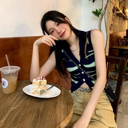 Áo khoác cardigan croptop XIAOZHAINV dệt kim sát nách họa tiết kẻ sọc trẻ trung thời trang dành cho nữ