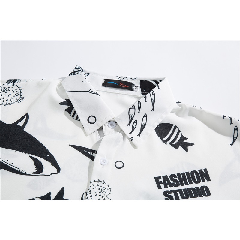 Short Sleeve Shirt With Cartoon Shark Print Korean Style Summer Fashion For Men 2022