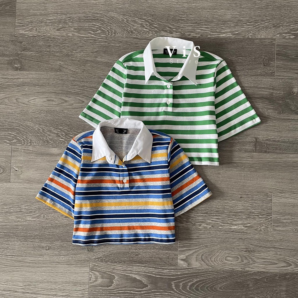 ÁO THUN CROPTOP NỮ SỌC NGANG CỔ SƠ MI