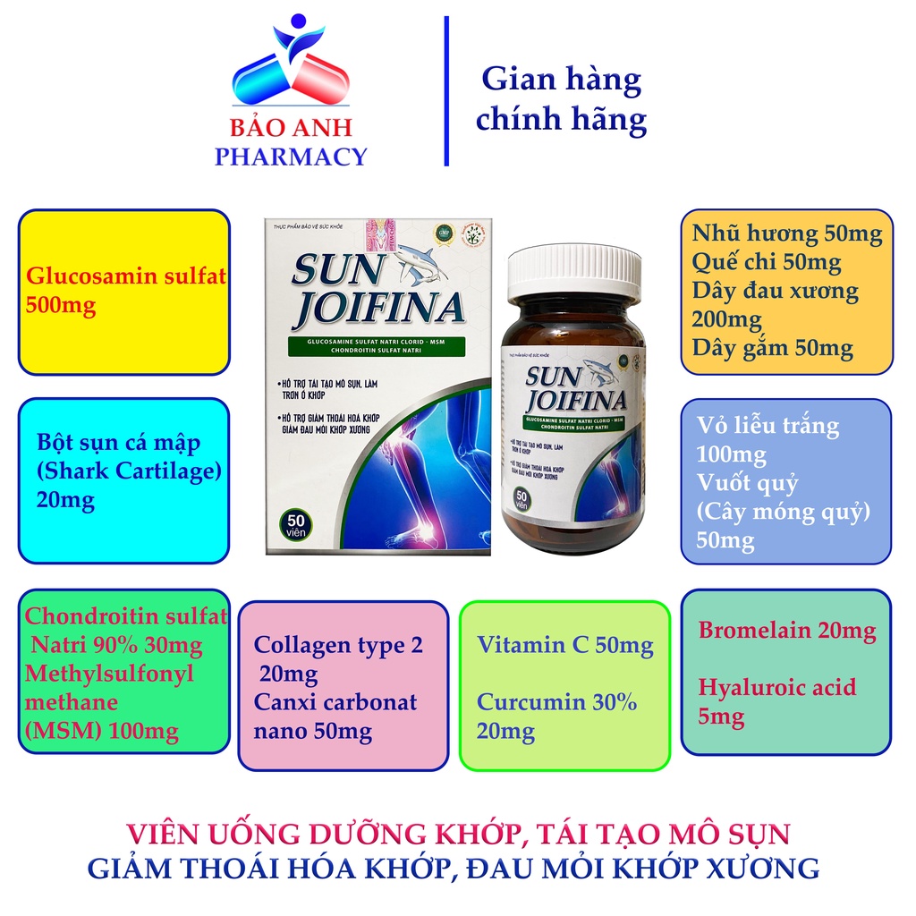 Viên bổ xương khớp Glucosamine, sụn vi cá mập, Canxi nano, giảm đau khớp, thoái hóa khớp, tái tạo khớp SUN JOIFINA H50v