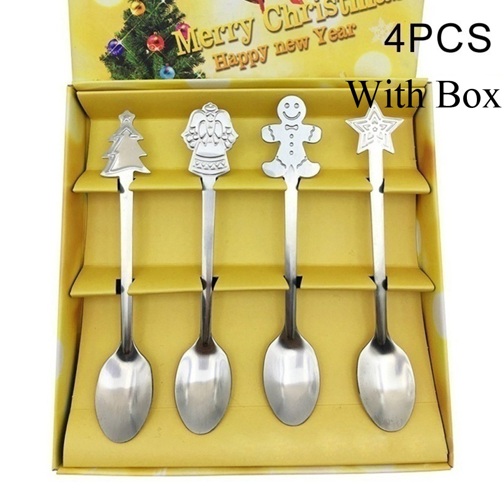 4pcs/set Christmas Tree Ice Cream Kitchen & Dining Snowman Stainless Steel Christmas Coffee Spoons