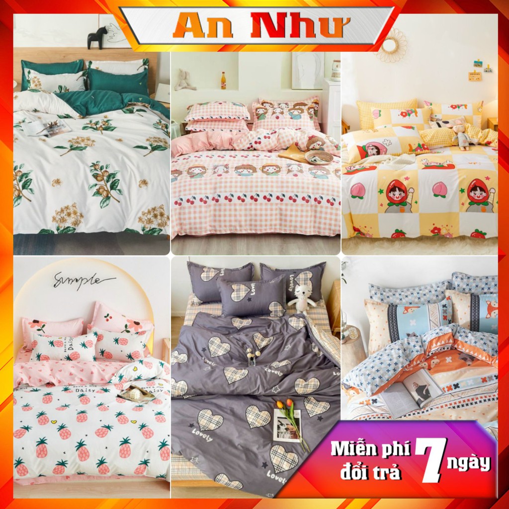 Bộ chăn ga gối An Như vỏ chăn ga gối cotton poly, drap giường 4 món poly nhập hoa lá