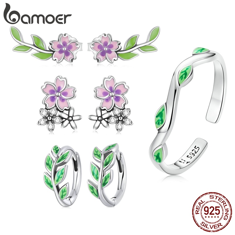 Khuyên tai BAMOER SCE13903 bằng bạc 925 hình hoa lá thời trang xinh xắn cho nữ