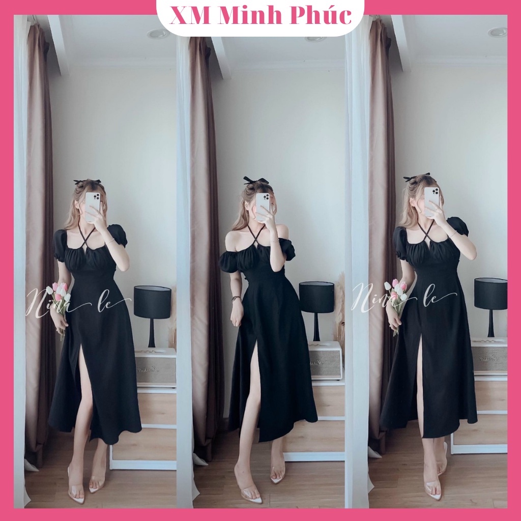 Đầm Đen Dự Tiệc,váy Midi Dáng Xòe Xẻ Tà Thiết Kế Tay Phồng Trễ Vai Ôm Body Sang Chảnh Thời Trang Xm Minh Phúc