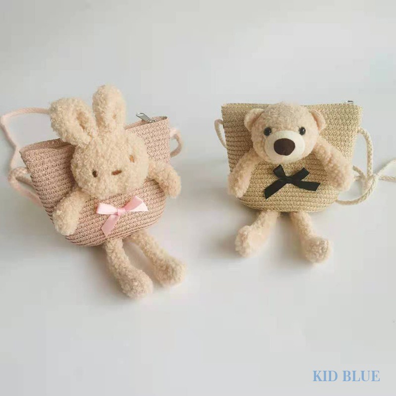 Túi Đeo Chéo Đan Mây Mini Có Khóa Kéo Hình Gấu Dễ Thương Phong Cách Công Chúa Cho Bé Gái