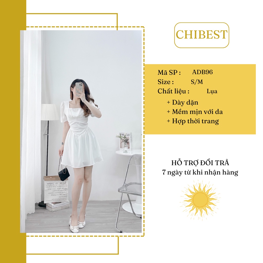 Đầm lụa xòe nút bọc cổ vuông nhún ngực phông cách tiểu thư CHIBEST 𝐀𝐃𝐁𝟗𝟔