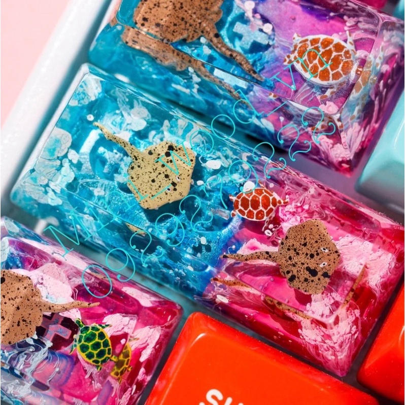Nút bàn phím cơ cá đuối + rùa xanh/hồng.Keycap resin.Keycap Artisan