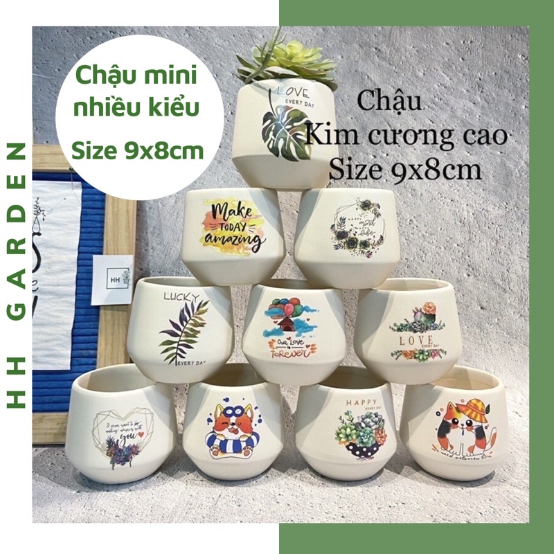 Chậu mini in hình nhiều kiểu dáng, Size 9x8cm, trồng cây sen đá xương rồng cẩm nhung