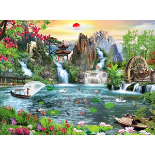 Tranh dán tường 3D phong thủy thiên nhiên giao hòa - tranh 3D vải lụa dán tường - kích thước theo yêu cầu- vải lụa