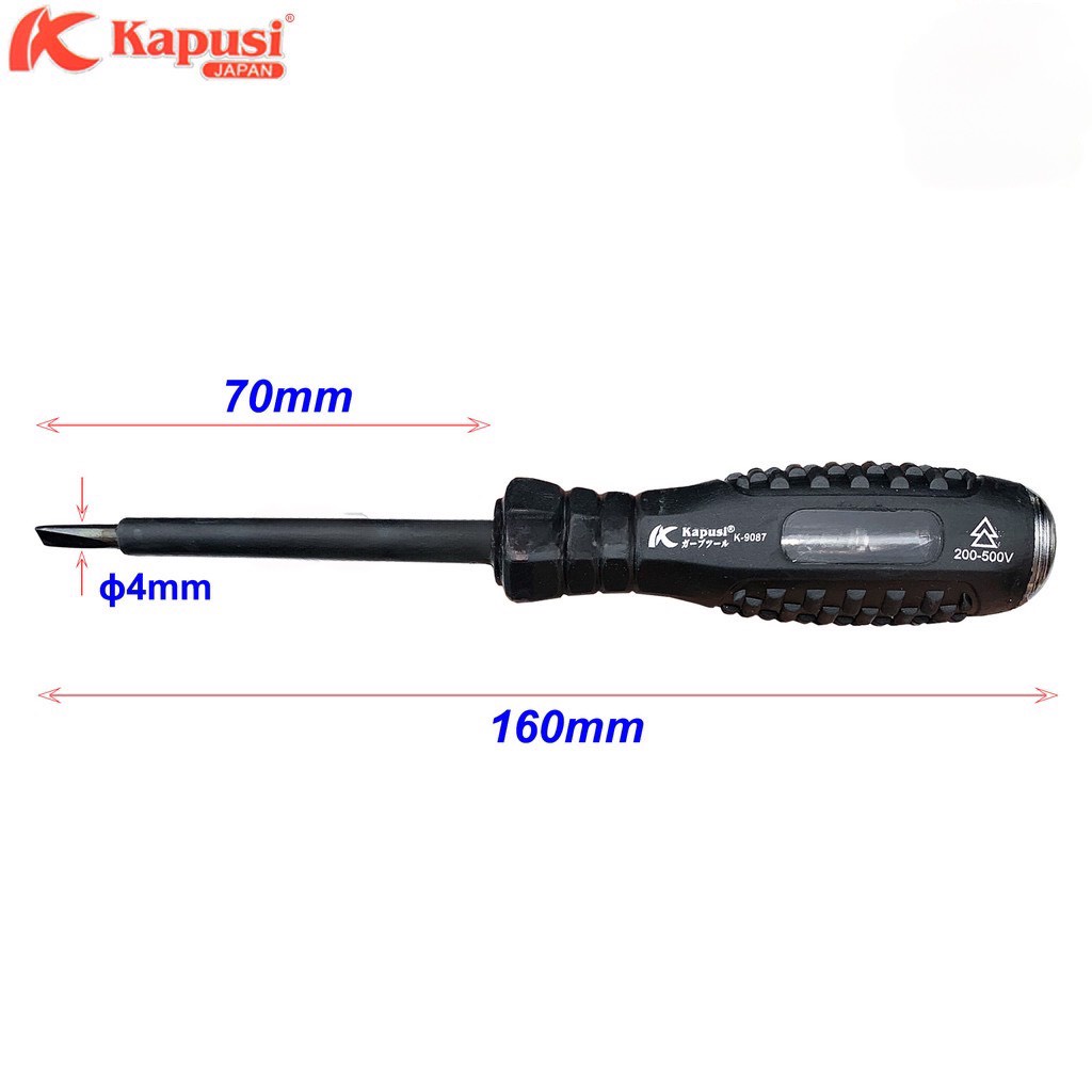 Tua vít cách điện 2 cạnh kiêm bút thử điện chống va đập Kapusi 200-500V K-9087 4x160mm, Tô vít dẹt kiểm tra dòng điện