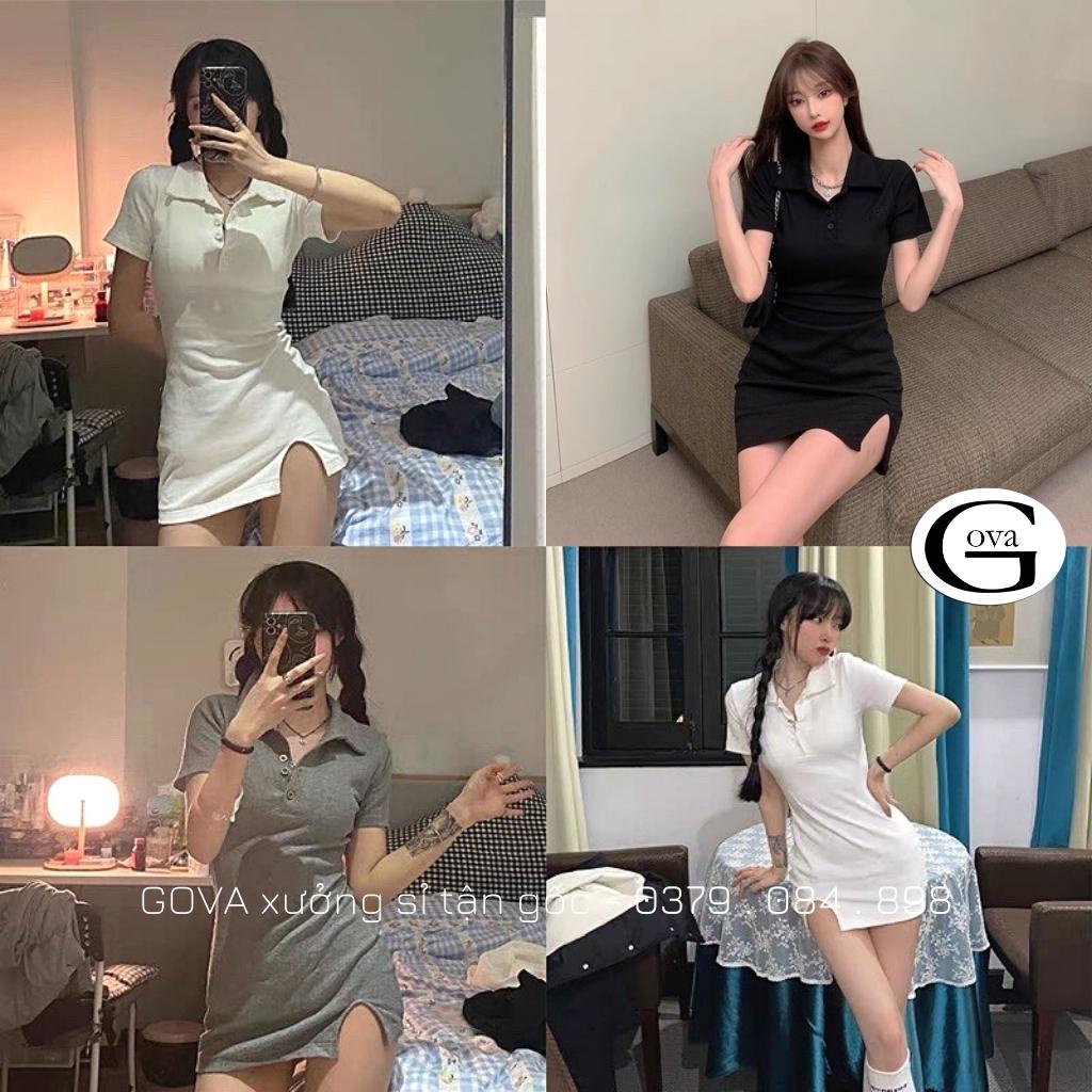 Váy Body Cổ Bẻ Xẻ Trước Chất Thun Gân Tăm Đầm Ôm Sexy GOVA