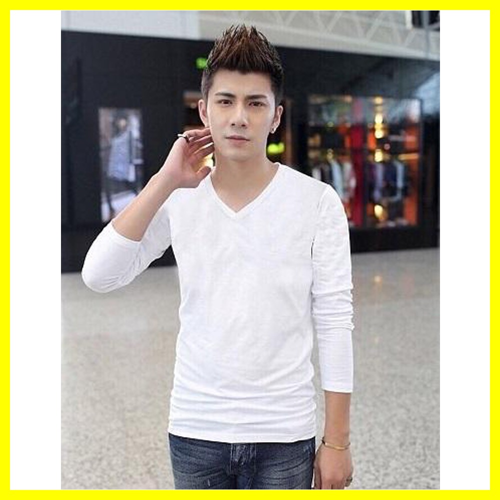Áo thun nam dài tay cổ tim màu trắng chất cotton form dáng thích hợp nhiều lứa tuổi