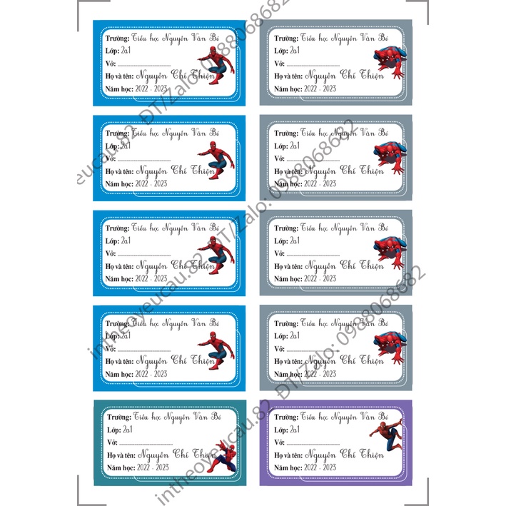 Nhãn vở hình siêu nhân người nhện combo 20 cái in theo yêu cầu