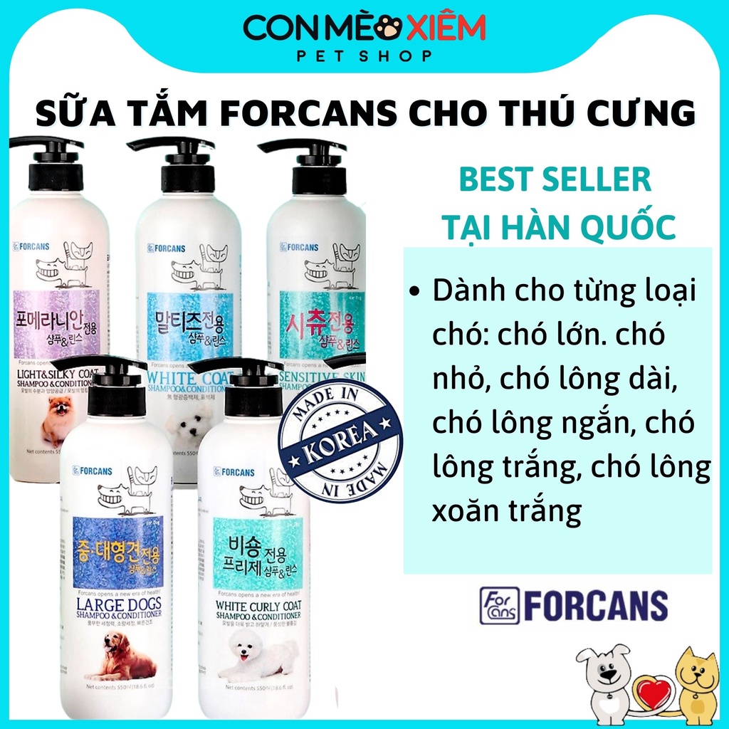 Sữa tắm chó cao cấp Forcans 550ml, gội xả dưỡng lông cún con da nhạy cảm mềm mượt Con Mèo Xiêm Shop