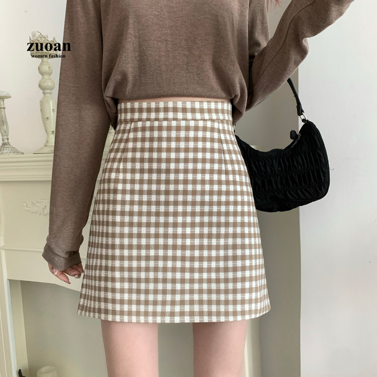 Chân váy SUXI chữ A eo cao hoa văn kẻ ô phong cách hàn quốc dành cho nữ