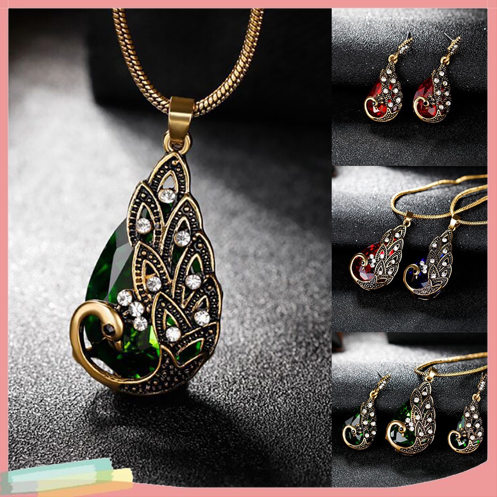 Bộ 3 Vòng cổ Và Đôi Khuyên Tai Hình Con Công Đính Đá Thời Trang Cho Nữ