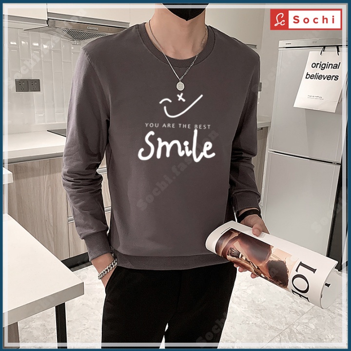 Áo sweater nam tay dài, áo nam thu đông cổ tròn mịn đẹp, thời trang lạ mắt in Smile mã SW8.09