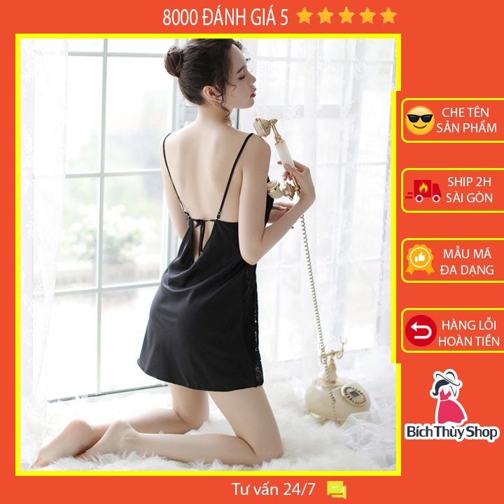 Váy ngủ lụa hai dây phối ren hông gợi cảm (màu đen)
