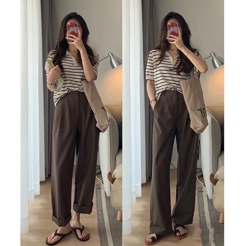 Set quần áo basic quần tây nâu cà phê và áo polo kẻ ngang ngắn tay | BigBuy360 - bigbuy360.vn