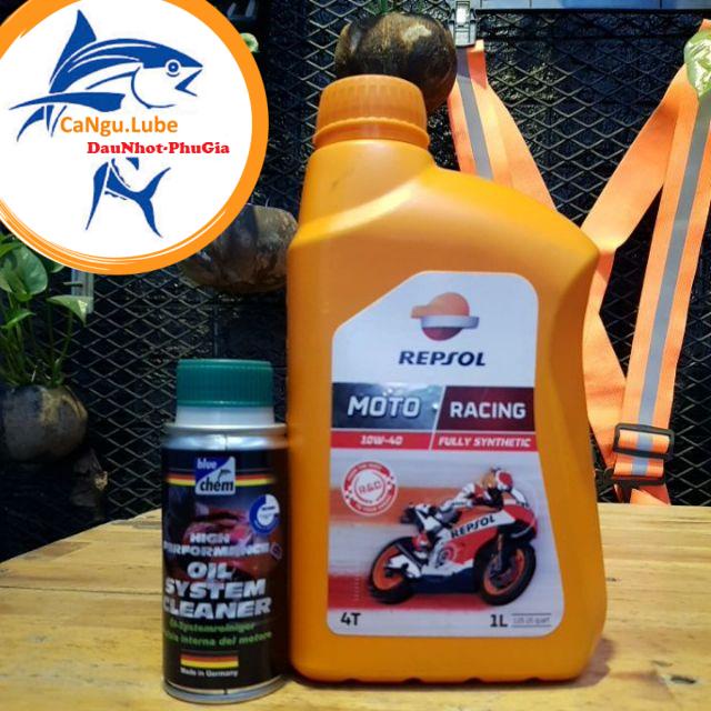 Combo, nhớt repsol racing 10w40, nhớt cao cấp tặng kèm súc động cơ bluchem