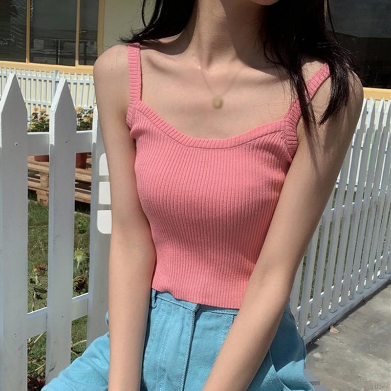 Áo Croptop Dệt Kim Không Tay Cổ Vuông Phong Cách Hàn Quốc Cho Nữ