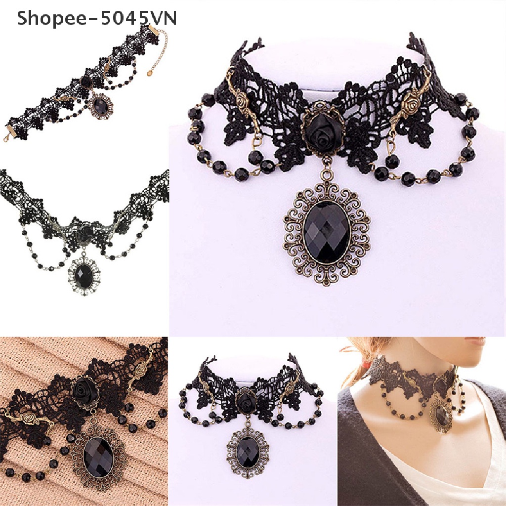 Vòng Cổ Choker Ren Hoa Hồng Đen Đính Hạt Thời Trang