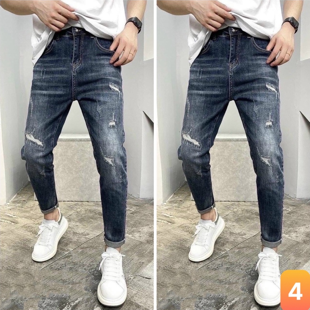 Quần jean nam màu xanh đậm rách gối chất liệu bò jeans cao cấp co dãn 4 chiều đẹp form rin skinny LAVADO08